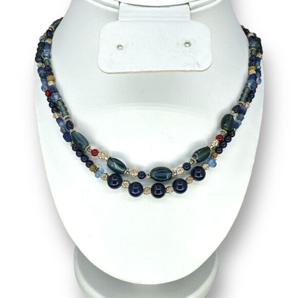 Two Strands Blue Glass Beaded Necklace Over Silver Plated Lobster Claw Clasp - Picture 1 of 7